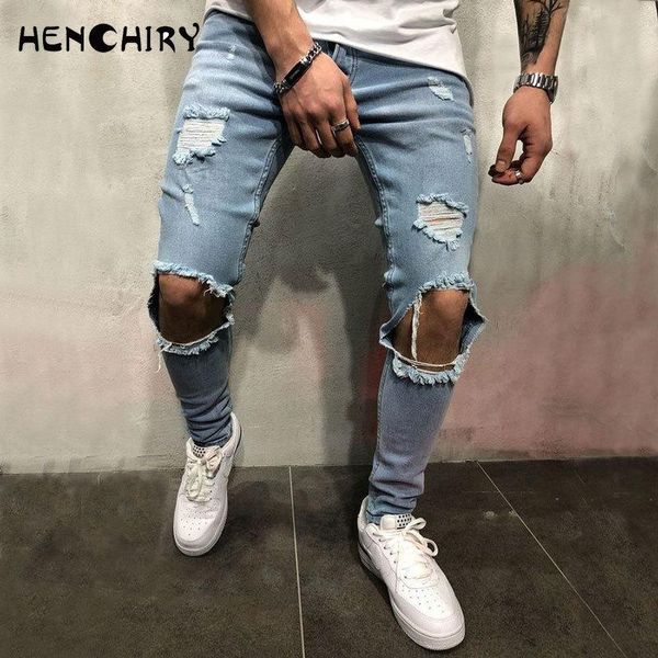 

men's jeans 2021 summer pierced slim fit elastic denim pencil pants casual skinny men designer for, Blue