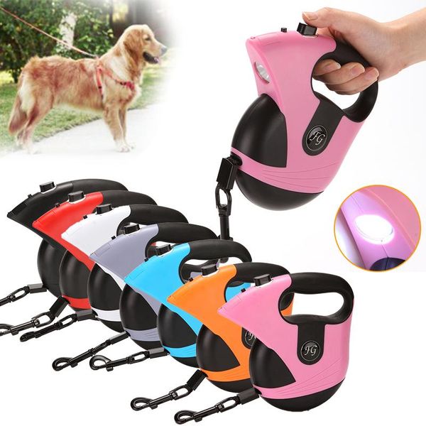 

dog collars & leashes 5m retractable nylon automatic extending pet leash with led light outdoor puppy walking traction rope