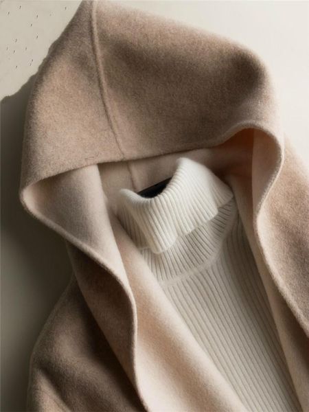 

women's wool & blends long coat women korean style autumn winter female jacket alpaca cashmere coats hooded outerwear 220998, Black