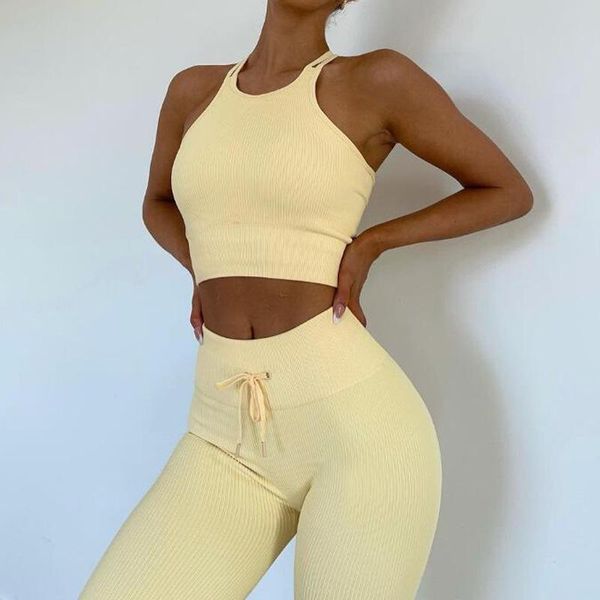 Ioga roupa ginásio treino roupas para mulheres sem costura esporte mulher push up fitness roupas 2021 leggings definir activo desgaste amarelo rosa