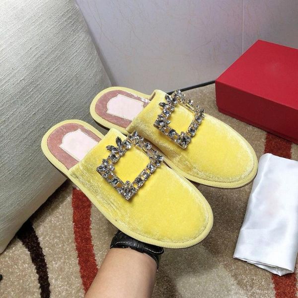 

velvet women slippers autumn solid yellow flat ladies slides with rhinestone round toe outside shoes zapatos de mujer 2021, Black