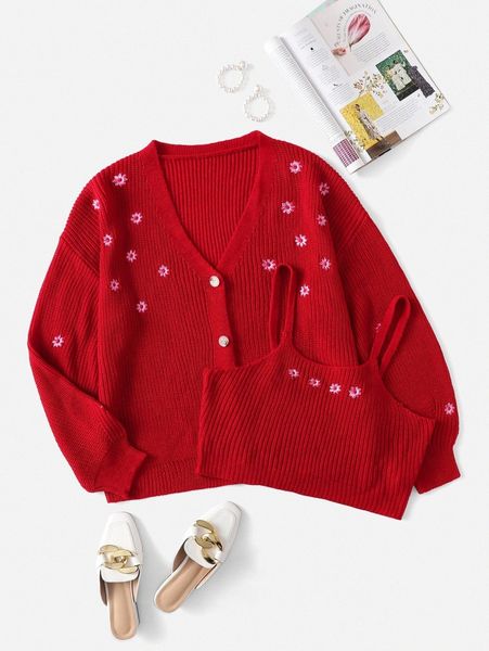 

plus floral embroidery cardigan & cami knit n27t#, Black