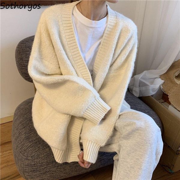 

women's knits & tees cardigan women solid v-neck elegant baggy open stitch leisure sweaters pockets all-match outwear retro hong kong s, White