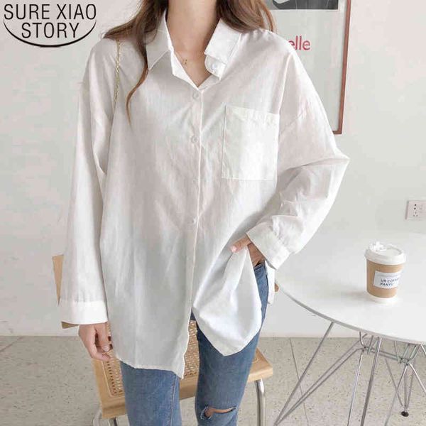 

spring white shirt women loose long sleeve blouse pocket turn down collar casual ladies cotton and linen 12807 210417