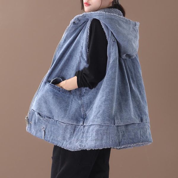 

women's vests winter loose hooded thick two wear lambswool sleeveless jacket female casual warm vest college solid color zipper waistco, Black;white