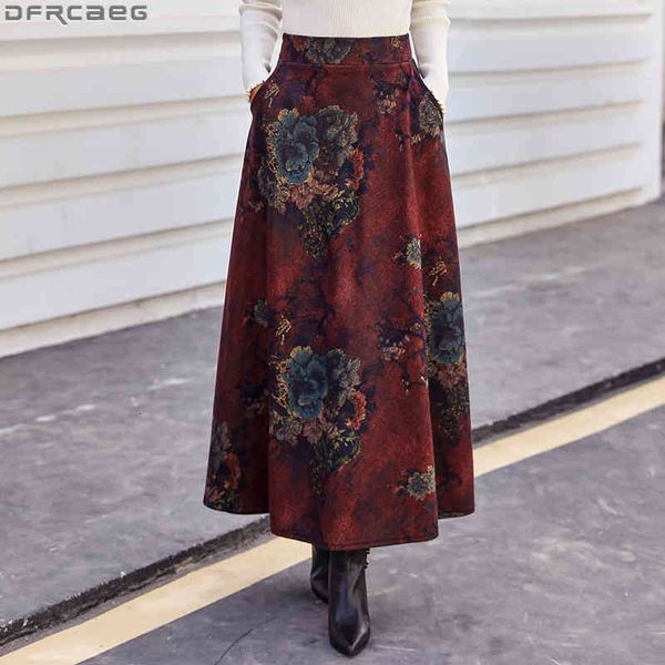 

casual dresses vintage print floral long skirt for women retro winter wool ladies stretch high waist maxi female plus size saia z7, Black;gray