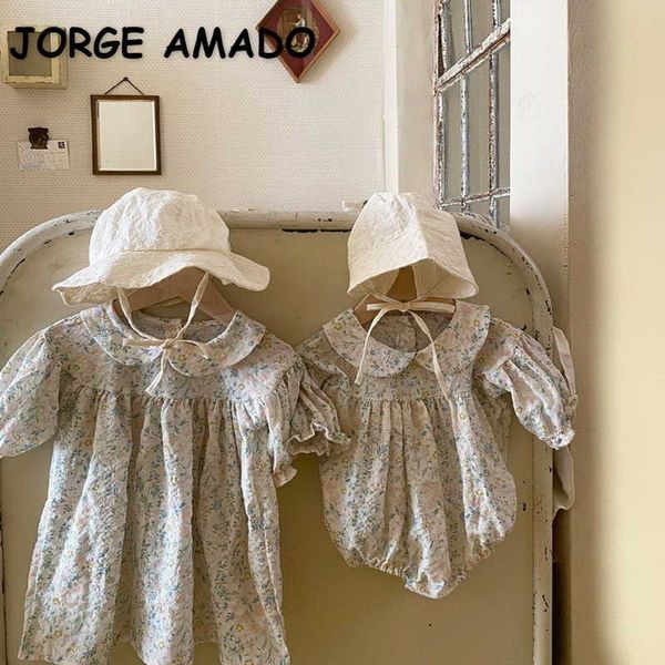 

korean style summer family matching sets long sleeves peter pan collar bodysuit + dress sister matches outfits e1506 210610, Blue