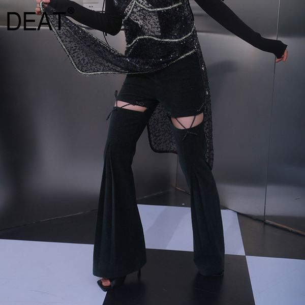 

cut out strap solid green flare pants hole lace full length high waist street fashion tide spring gx142 210421, Black;white