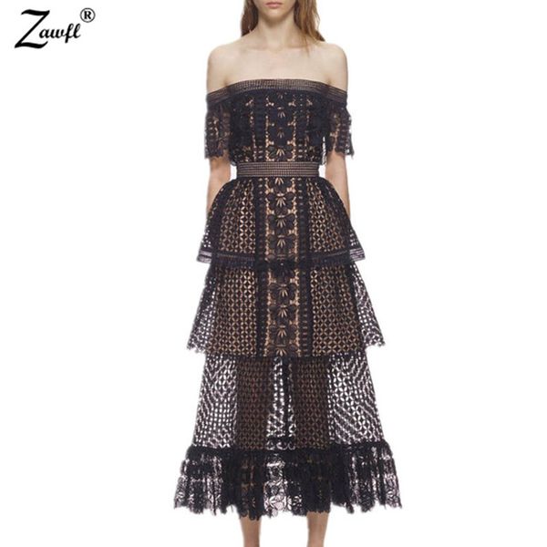 

runway dress women tunic self portrait slash neck off the shoulder black frill cake long lace 210525, Black;gray