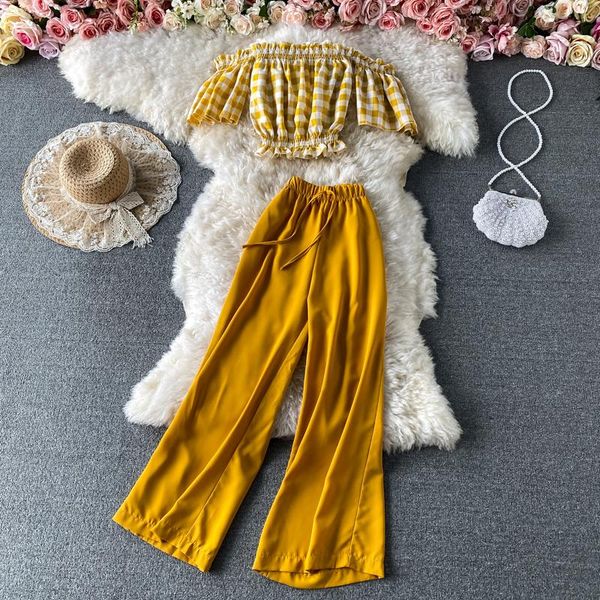 

summer high waist loose straight leg all-match trousers drape mopping pants two-piece suit one-shoulder plaid 451 women's two piece, White