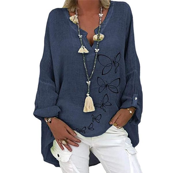 

women's blouses & shirts casual cotton linen loose blouse shirt autumn elegant butterfly print blusa spring long sleeve women v-neck 5, White