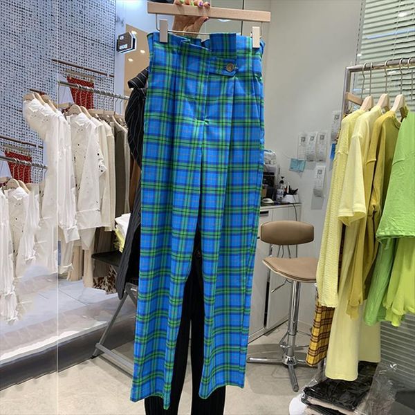

korean autumn spring womens pants high waist plaid wide leg checkered ankle length trousers, Black;white