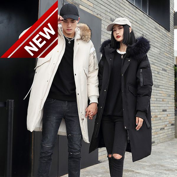 

2021 winter white duck down jacket long men's and women's couple puffer thickened fur collar big pockets parka coat korean style, Black