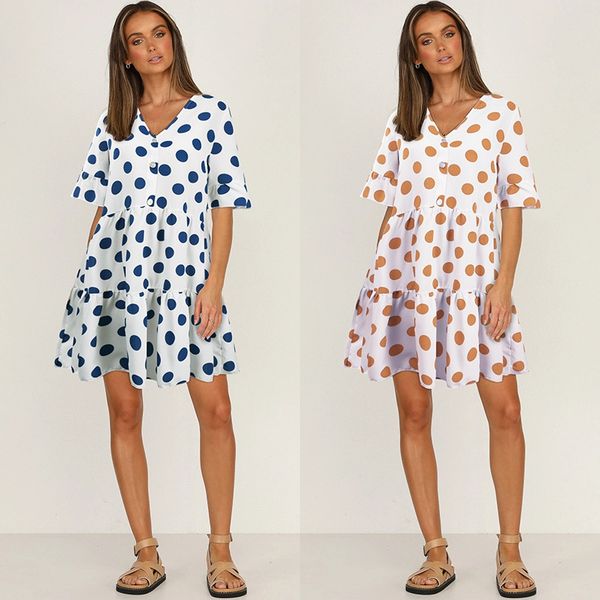 

2021 new european and american women's fashion casual v-neck wave point short sleeve dress, White