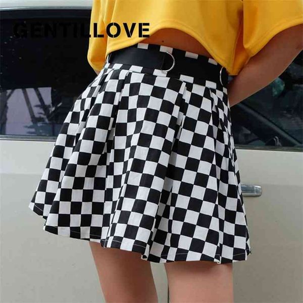 

women plaid pleated skirt high waist belt short mini casual korean harajuku dancing club outwear a-line 210708, Black