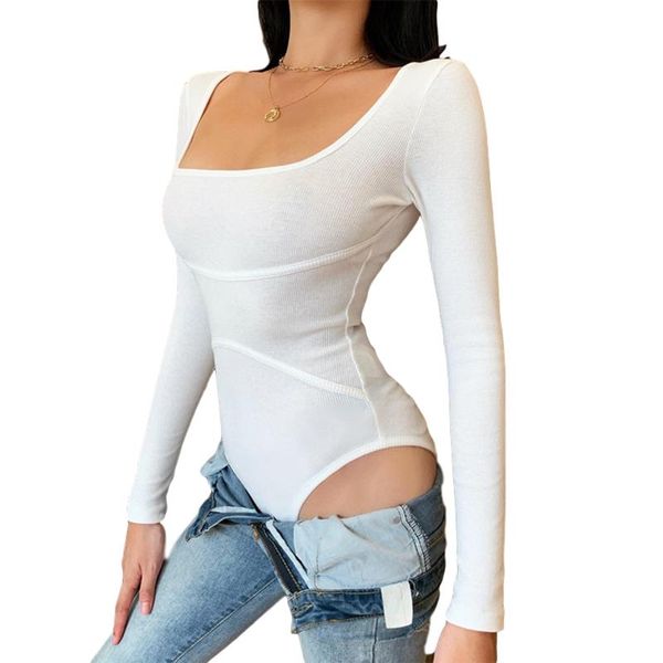 

women's jumpsuits & rompers women basic bodycon bodysuits, casual square neck long sleeve rib knit on-piece tight leotard, Black;white