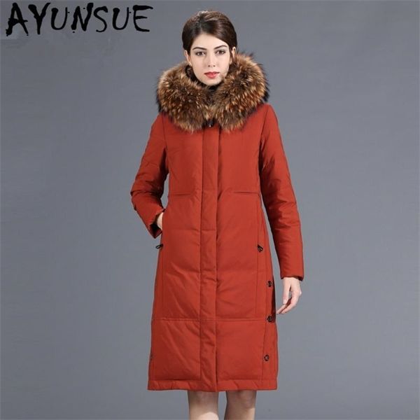 

ayunsue women's winter jacket natural raccoon fur collar parkas woman white duck down jackets female long coats chaqueta 53, Black