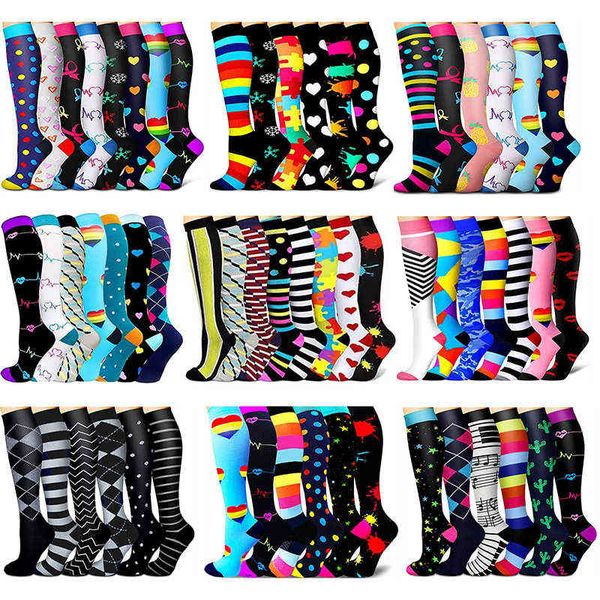 

3/5/6/7/8 pairs lot pack women men elastic sports climbing cycling beautiful leg compression socks stockings running nurse sox 220105, Black