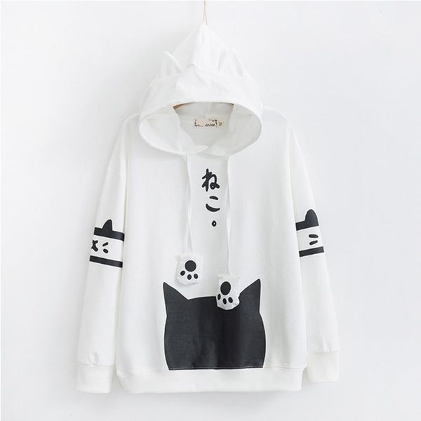 

women's hoodies & sweatshirts fashion cartoon cute cat print hooded sweatshirt women lovely with ears long sleeve pullover girls casual, Black