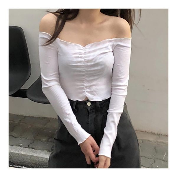

women's t-shirt t shirt women 2021 autumn long sleeve short slim skinny female solid folds slash neck casual thin fashion tees mujer, White