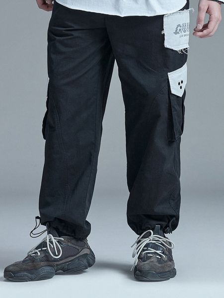 

men letter print flap pocket drawstring detail pants 05p0#, Black