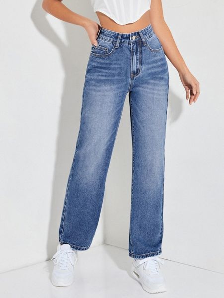

petite slant pocket straight leg jeans z5v9#, Blue