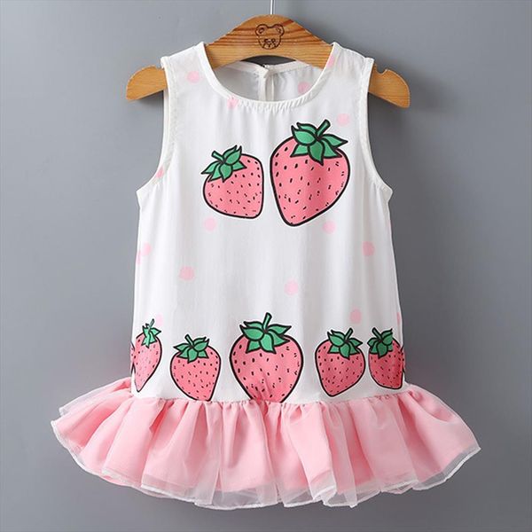 

children kids girls sleeveless girl dress fruit strawberry print patchwork tulle ruffled little clothes 1 3 4 5 years, Red;yellow