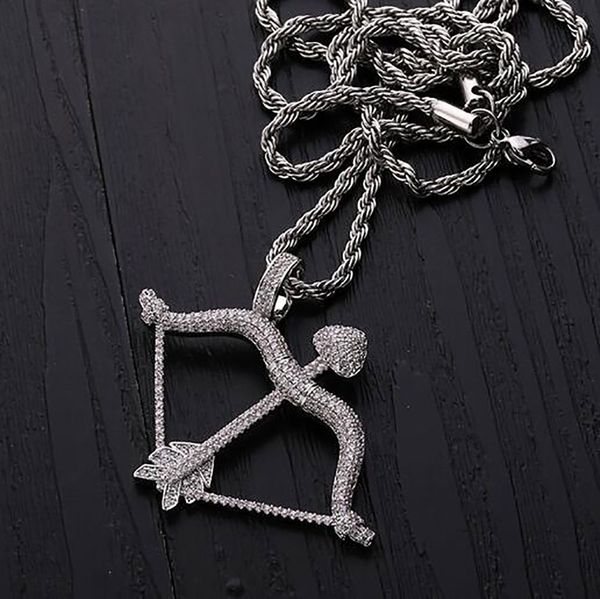 

14k gold iced out arrow of cupid pendant necklace cz bling pendant mens hip hop micro pave cubic zirconia simulated diamonds, Silver