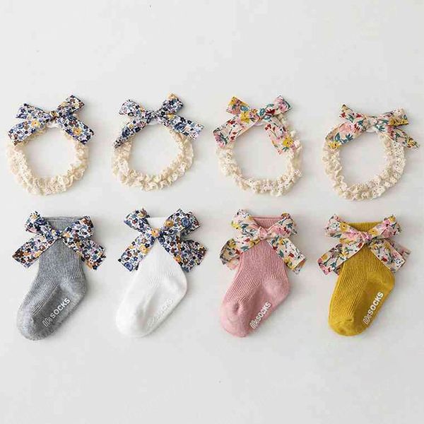 

2pcs/set baby socks headband set cute bows flower printed newborn girl short socks anti slip infant toddler floor socks hairband, Pink;yellow