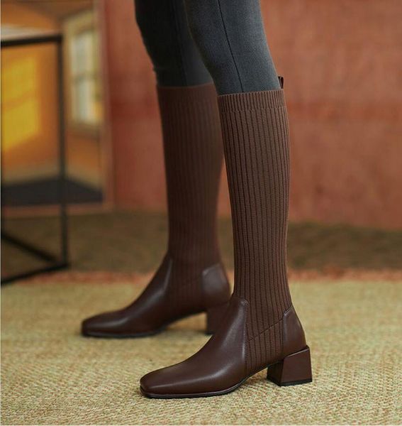 

boots slim knee-high sock fashion knitting stretch cloth leather stitching women long female square toe high heels, Black