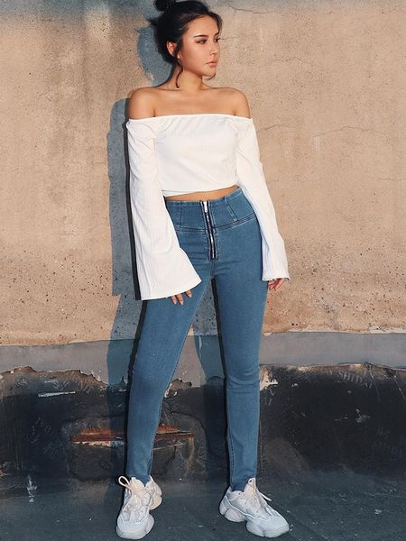 

fashion women's clothing retro feet elastic high waist jeans autumn tight body hip pencil trousers, Blue