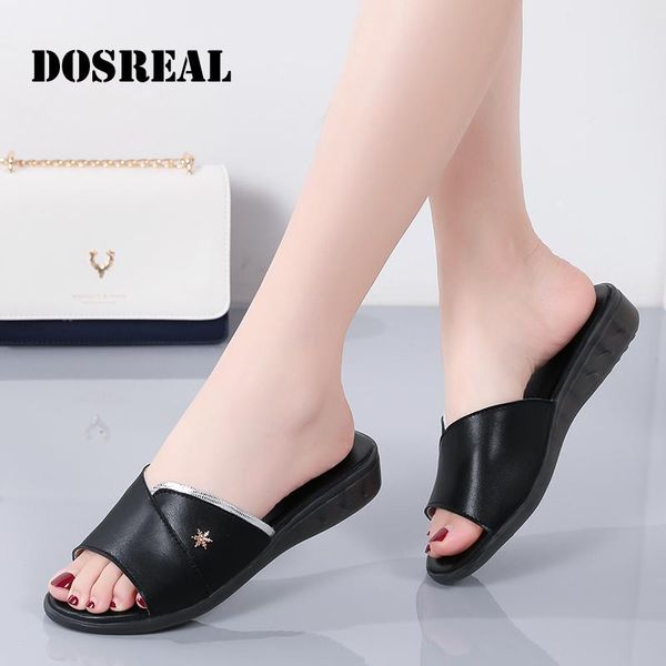 

slippers dosreal summer women's leather shoes non-slip female flat beach sandals solid casual open toe soft ladies, Black