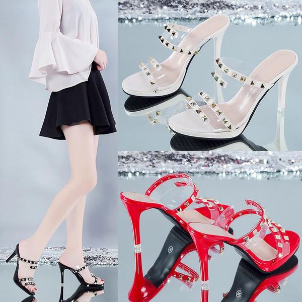 

slippers summer women's sandals high heels sandalias mujer fashion rivet decoration transparent ladies shoes, Black