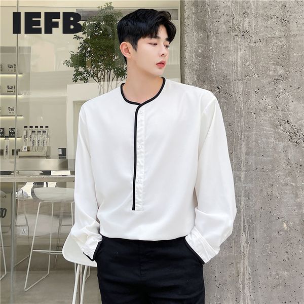 IEFB Camicia senza colletto a maniche lunghe con design a contrasto di colore coreano personalità estiva IEFB Top bianco nero 9Y7403 210524