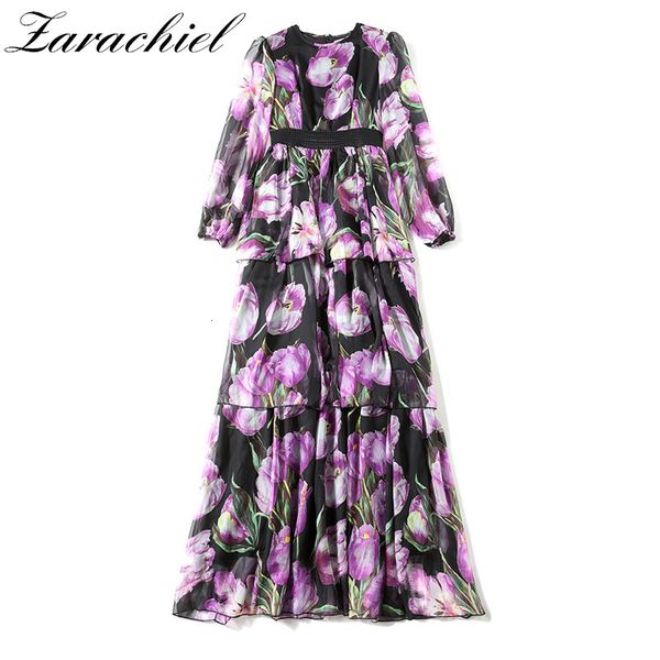 

dresses summer runway flower tulip print multilayer cake maxi women lantern sleeve high elastic waist chiffon long, Black;gray