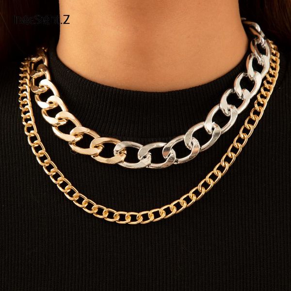 

chains ingesight.z 2pcs/set mix color link chain choker necklace multi layered gothic chunky thick curb cuban necklaces collar jewelry, Silver