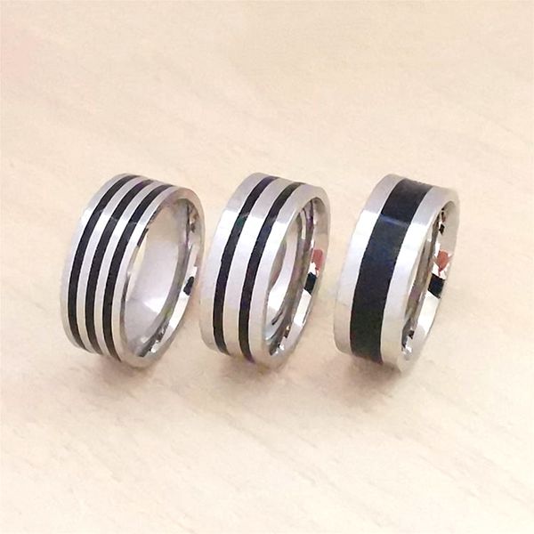 

wholesale 100pcs black stripes stainless steel jewelry band rings for men women mixed styles size 7 to 11, Silver
