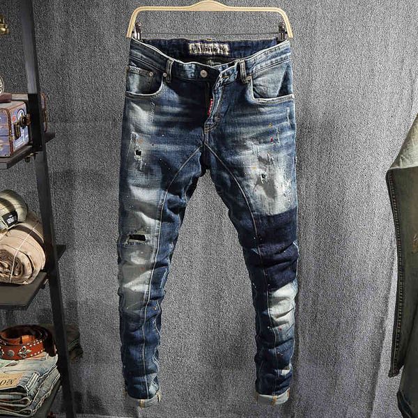 

jeans fashion streetwear spliced designer slim fit ripped men painted denim pants hip hop jeans homme, Blue