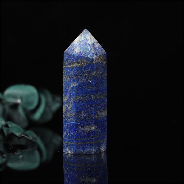 Natural lápis lazuli cristal hexagonal prism único apontou ornamento de pedra crua escritório feng shui energia bullet presente