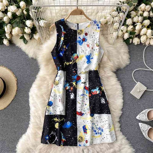 

fashion printing floral dresses for women summer high waist slim round neck vest sleeveless clothes with lining real s 210515, Black;gray
