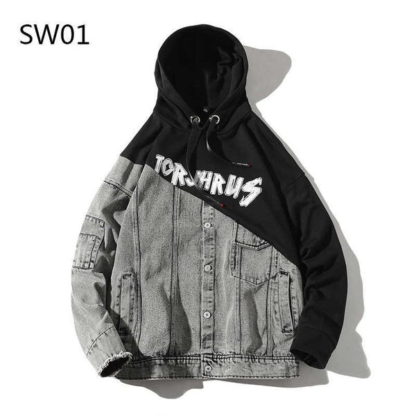 

autumn models white denim stitching print hoodie trendy brand jacket men 210909, Black;brown