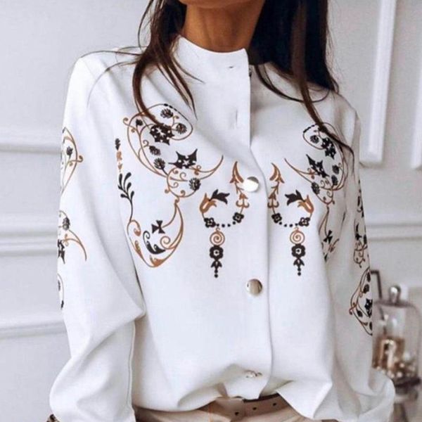 

print long sleeve stand collar women shirt button single breasted office lady shirts spring casual vintage chic female 210518, White