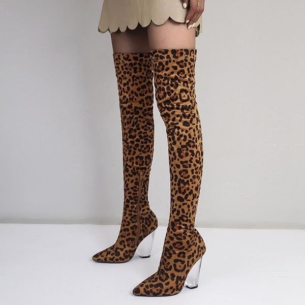 

boots karin female modern suede flock pointed toe zip leopard platform 2021 winter super high heel over-the-knee shoes, Black