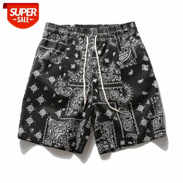 

street retro full print cashew flower shorts male hip-hop elastic waist drawstring casual five-point pants #vs3b, Black