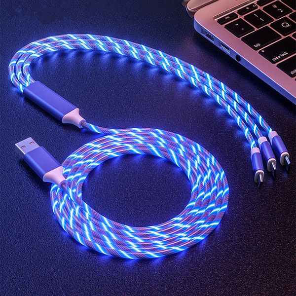 

usb phone cables lighting micro type c 3 in 1 led glow flowing charger 8 charging for iphone 12promax android