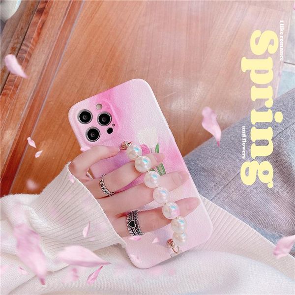 

card holders pearl bracelet suitable for 12/11promax apple xs/xr mobile phone case iphone7 embossed 8plus tulip, Brown;gray
