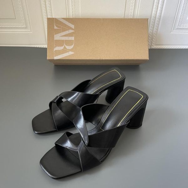 

slippers women's high-heeled summer black thick-heeled simple open toe sandals