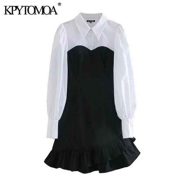 

women chic fashion patchwork ruffle irregular mini dress long sleeve side zipper female dresses mujer 210420, White