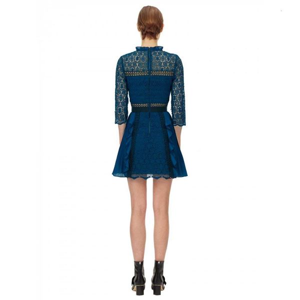 

dresses autumn vintage ruffle ladies long sleeve blue hollow lace fashion runway party vestidos, Black;gray