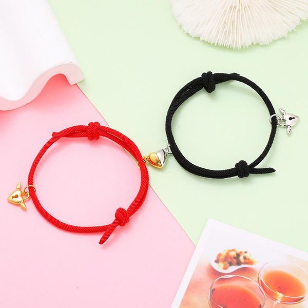 

link, chain 2pcs gold color angel heart couple bracelet magnetic attraction heart-shaped magnet friendship rope jewelry gift, Black